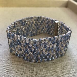 Spectacular Blue and Silver Beaded Cuff w Sterling Clasp